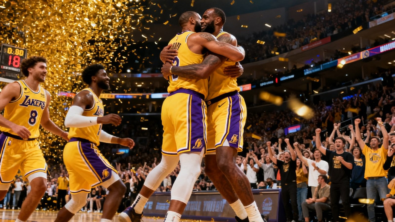 NBA季后赛战报配图：湖人队球员在加时赛最后0.8秒命中压哨三分绝杀，全场观众起立欢呼，金色纸屑从天而降，队友冲向投手拥抱庆祝的激动瞬间。